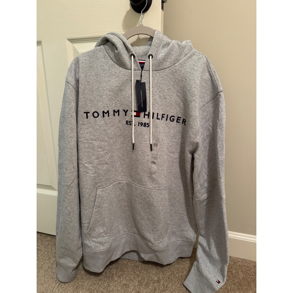 Tommy Hilfiger Mens Hoodie Heather Gray Logo Sweatshirt XXL NWT